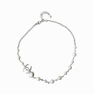 Chanel 23B Crystal Strass CC Heart Pearl Necklace Silver